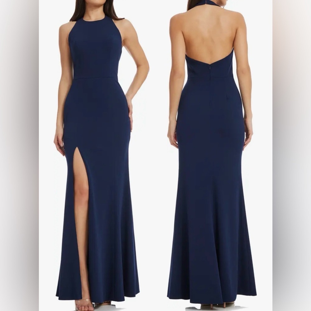 NEW Dress The population Paige Halter Neck Mermaid navy Gown Sz L